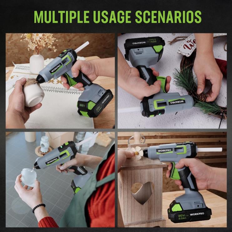 WORKPROkit de pistola de cola quente sem fio com 12 bastões de cola, bateria de íon-lítio 20v 2.0 ah XZXLF165 ferramenta