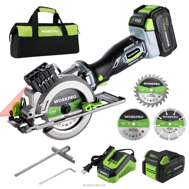 WORKPROMini serra circular compacta sem fio, bateria de 20 V 4,0 Ah, carregador rápido, 3 lâminas de serra, 4500 rpm XZXLF186 ferramenta