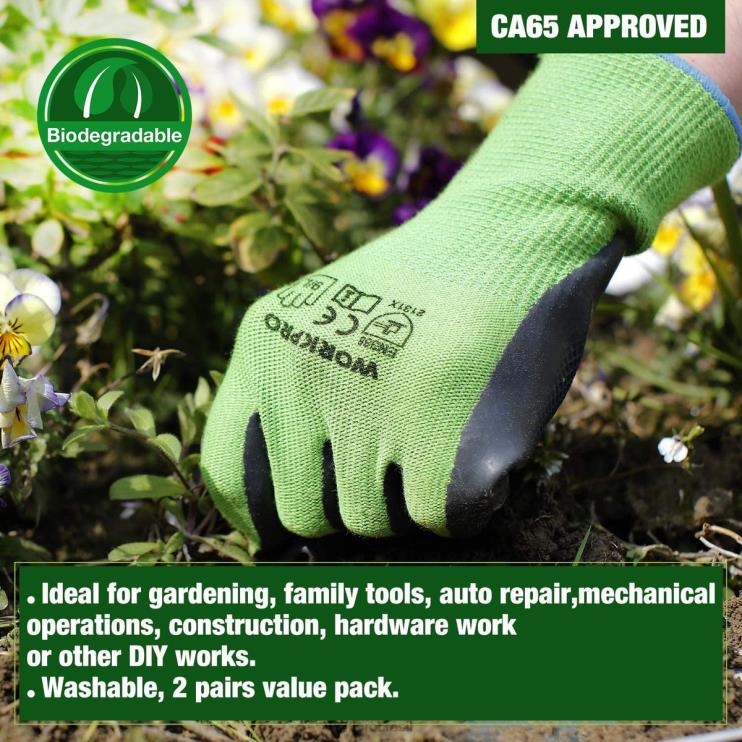 WORKPRO2 pares de luvas de trabalho de jardim com palma revestida de látex ecológico e tela sensível ao toque para capinar, cavar, varrer e podar XZXLF273 ferramenta