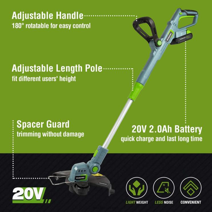 WORKPROAparador / biseladora sem fio de 20 V de 12 polegadas com bateria de íon de lítio de 2 Ah Carregador rápido de 1 hora Linha de aparador de 16,4 pés incluída XZXLF293 ferramenta