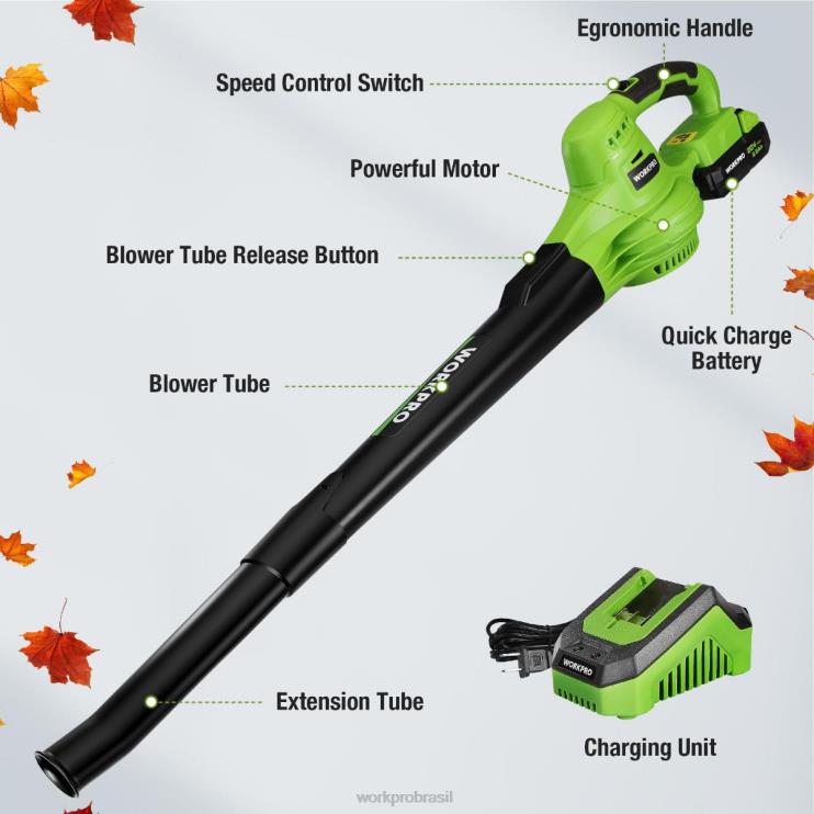 WORKPROMini soprador de folhas sem fio leve de 20 V com bateria e carregador, controle de 2 velocidades XZXLF303 ferramenta