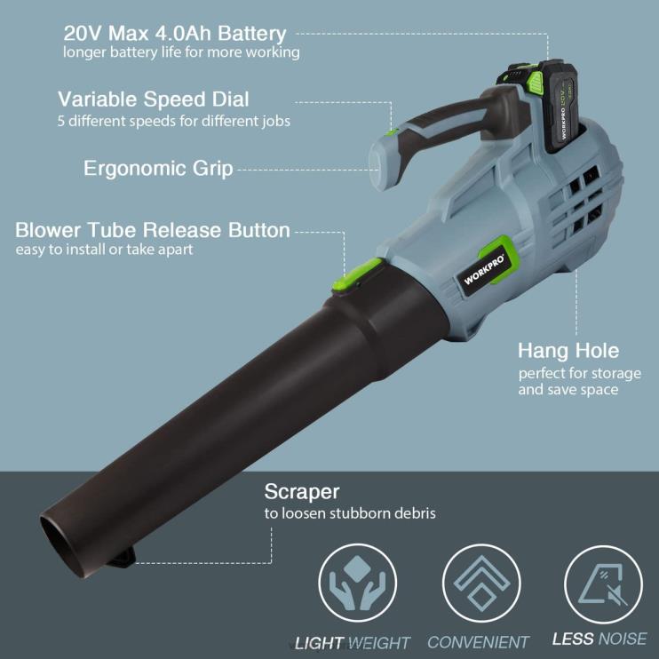 WORKPROSoprador de folhas sem fio de 20 V com 5 velocidades ajustáveis ​​Bateria de maior capacidade de 4,0 Ah e carregador rápido incluído XZXLF292 ferramenta