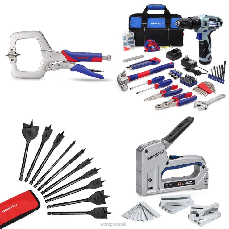 WORKPROBraçadeira facial e furadeira sem fio de 12v e kit de ferramentas para casa e conjunto de brocas pro spade 10 peças e pistola de grampo 4 em 1 para serviço pesado XZXLF318 ferramenta