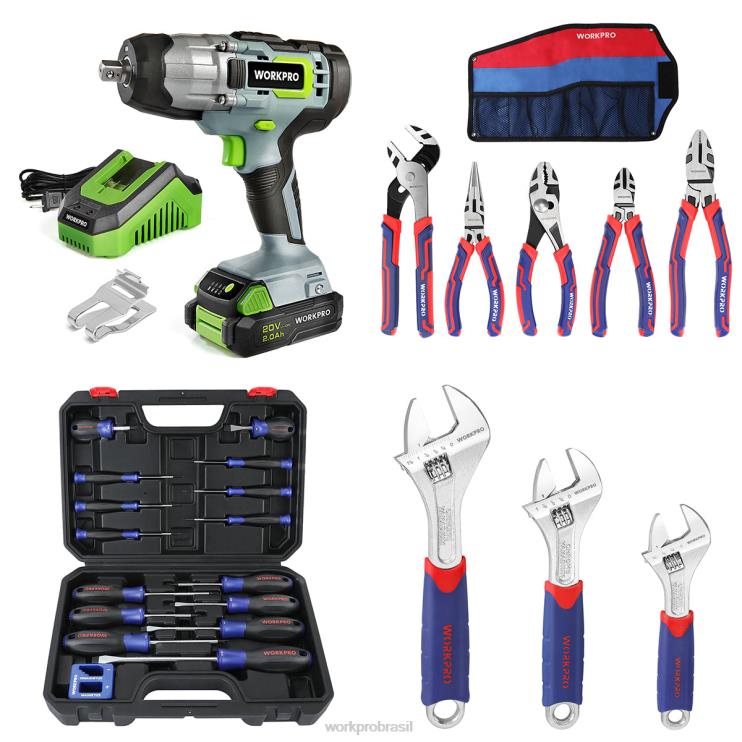 WORKPROChave de impacto sem fio de 20v e conjunto de alicates de 5 peças e conjunto de chave de fenda magnética de 16 peças e conjunto de chave ajustável de 3 peças XZXLF319 ferramenta