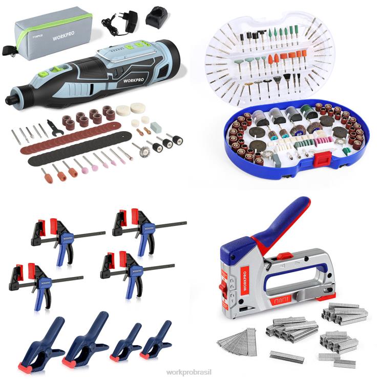 WORKPROKit de ferramentas rotativas sem fio de 12v e kit de acessórios de ferramentas rotativas de 276 peças e conjunto de braçadeira de 8 peças e kit de pistola de grampo 4 em 1 XZXLF317 ferramenta