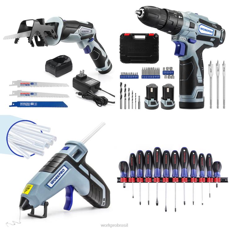 WORKPROSerra alternativa sem fio 12v e kit de furadeira sem fio 12v e conjunto de 12 peças de chaves de fenda magnéticas e pistola de cola quente sem fio XZXLF321 ferramenta