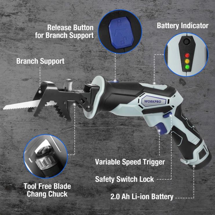 WORKPROSerra alternativa sem fio 12v e kit de furadeira sem fio 12v e conjunto de 12 peças de chaves de fenda magnéticas e pistola de cola quente sem fio XZXLF321 ferramenta