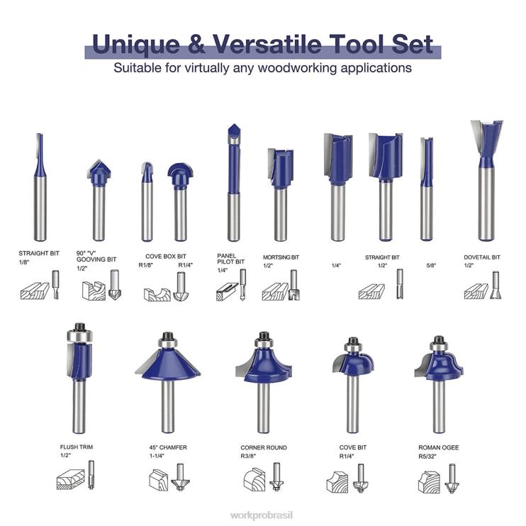 WORKPROConjunto de bits de roteador de 15 unidades, bits de roteador de carboneto de tungstênio com haste de 1/4 polegadas XZXLF130 ferramenta