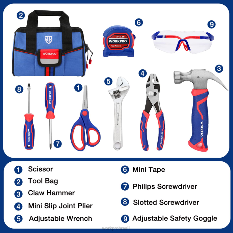 WORKPROConjunto de ferramentas júnior de 9 peças com bolsa de ferramentas XZXLF253 ferramenta