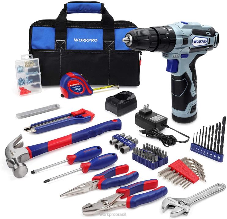 WORKPROFuradeira sem fio de 12 V e kit de ferramentas domésticas, kit combinado de 177 peças com bolsa de ferramentas XZXLF171 ferramenta