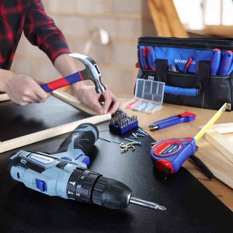 WORKPROFuradeira sem fio de 12 V e kit de ferramentas domésticas, kit combinado de 177 peças com bolsa de ferramentas XZXLF171 ferramenta
