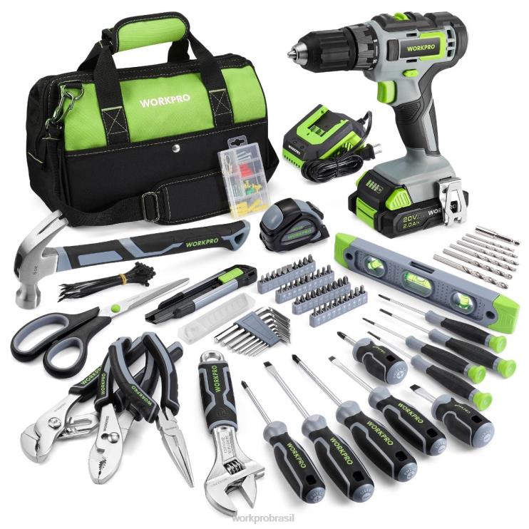 WORKPROKit combinado de furadeira sem fio de 157 peças com íon de lítio sem fio de 20 V XZXLF259 ferramenta