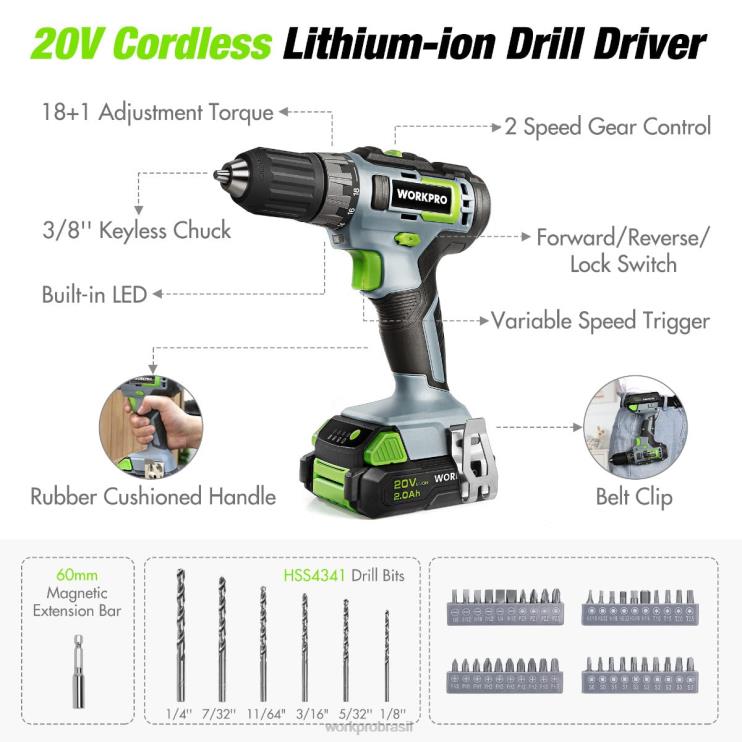 WORKPROKit combinado de furadeira sem fio de 157 peças com íon de lítio sem fio de 20 V XZXLF259 ferramenta