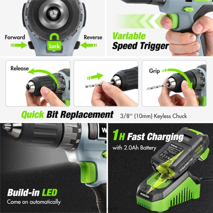 WORKPROKit combinado de furadeira sem fio de 157 peças com íon de lítio sem fio de 20 V XZXLF259 ferramenta