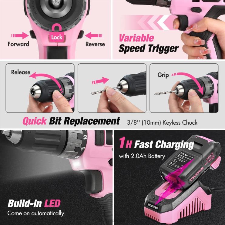 WORKPROKit combinado de furadeira sem fio de 157 peças com íon de lítio sem fio de 20 V XZXLF259 ferramenta