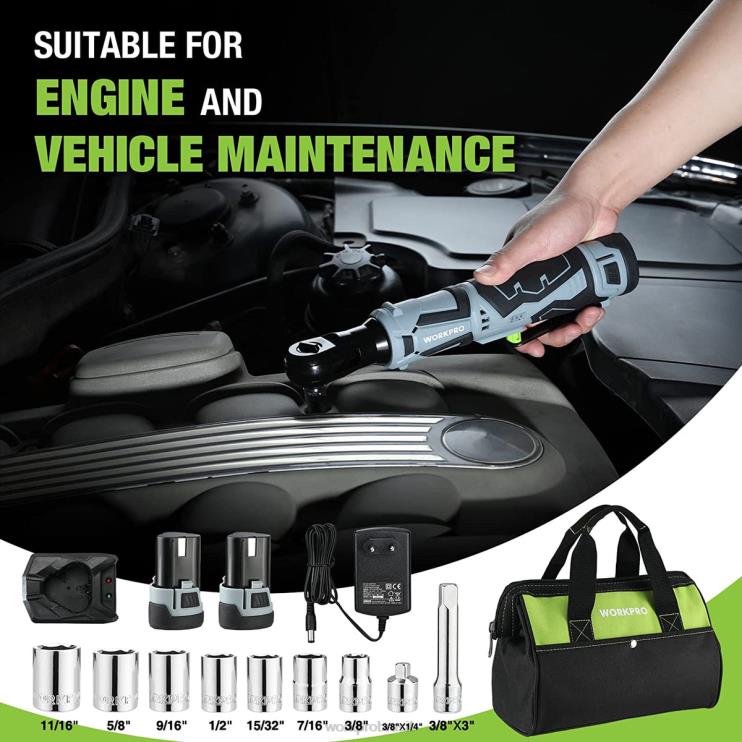 WORKPROchave de catraca elétrica sem fio, conjunto de 9 peças de chave de catraca elétrica de 12v 40 pés-lbs XZXLF227 ferramenta